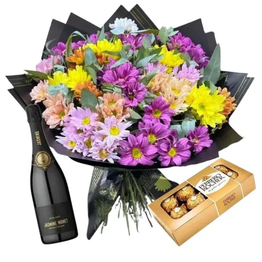 Ramo de flores margaritas rocher x8 y espumante